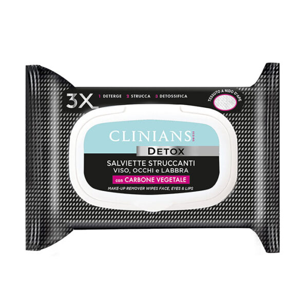 Clinians Salviette Detox Struccanti - Viso, Occhi e Labbra con Carbone Vegetale -25 pz