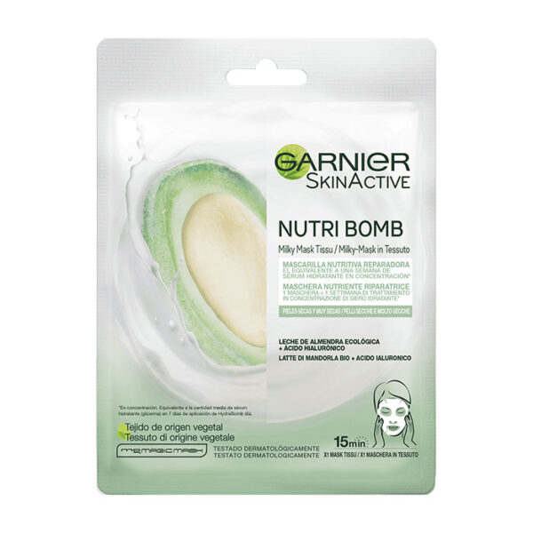 Garnier Maschera in Tessuto Latte di Mandorla e Acido Ialuronico Nutriente Riparatrice per Pelli Secche e Molto Secche